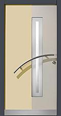 farbig abgesetzte Tür mit halbrunder Griffstange